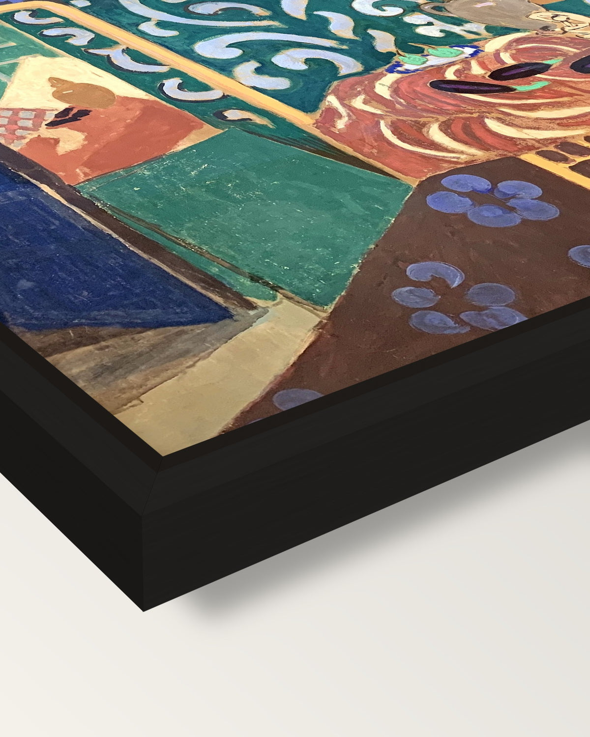 Interior with Aubergines by Matisse framed canvas, corner close-up: a black floating frame with a shadow gap round the canvas