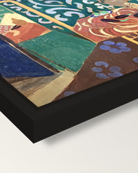 Interior with Aubergines by Matisse framed canvas, corner close-up: a black floating frame with a shadow gap round the canvas