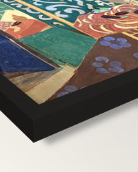 Interior with Aubergines by Matisse framed print, corner close-up: black moulding, mitred, the print set just below its edge