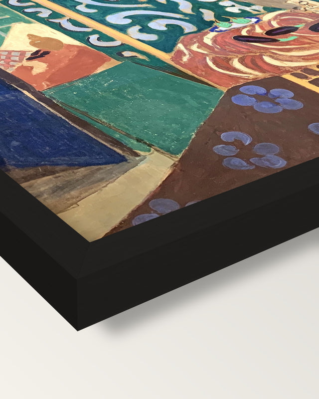 Interior with Aubergines by Matisse framed print, corner close-up: black moulding, mitred, the print set just below its edge