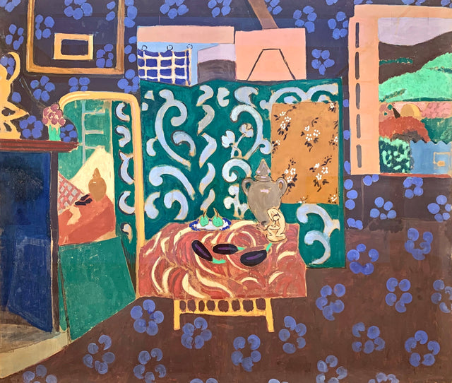 Interior with Aubergines by Henri Matisse: a room of blue flowered wallpaper, a patterned screen and a table with aubergines