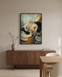 Laurette with Coffee by Henri Matisse in a black frame above a walnut sideboard in a dining room