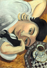 Laurette with a Cup of Coffee by Henri Matisse: a dark-haired woman lying, head on her arm, beside a coffee cup on a tray