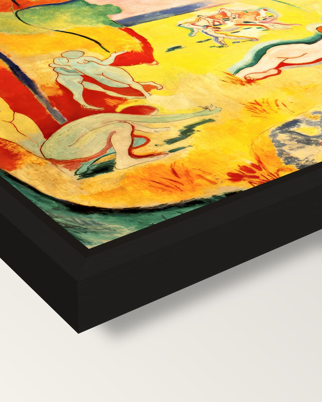 The Joy of Life by Henri Matisse framed canvas, corner close-up: a black floating frame with a shadow gap round the canvas