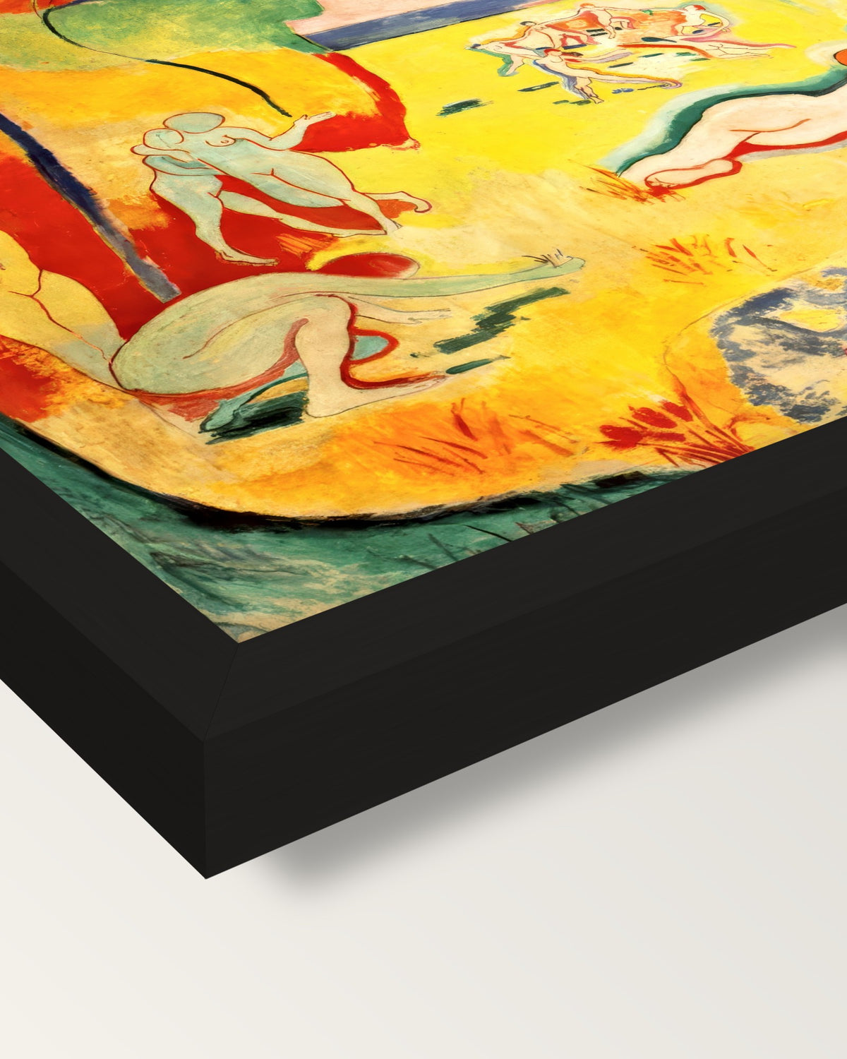 The Joy of Life by Henri Matisse framed print, corner close-up: black moulding, mitred, the print set just below its edge