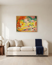 The Joy of Life by Henri Matisse framed in natural oak above a cream sofa in a warm living room