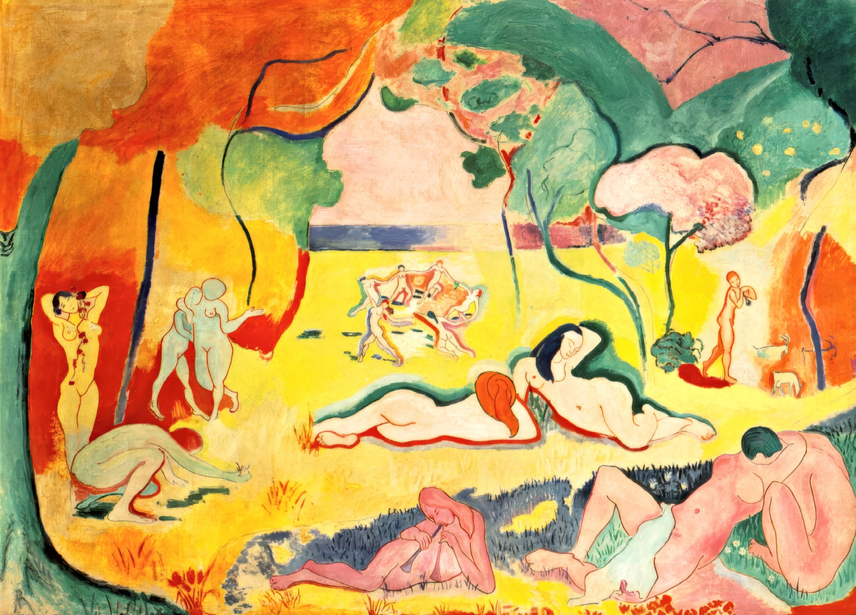 Le Bonheur de vivre by Henri Matisse: nude figures dancing, playing music and resting under trees in yellow, pink and green
