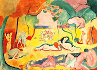 Le Bonheur de vivre by Henri Matisse: nude figures dancing, playing music and resting under trees in yellow, pink and green