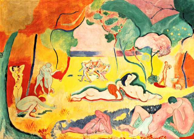 Le Bonheur de vivre by Henri Matisse: nude figures dancing, playing music and resting under trees in yellow, pink and green