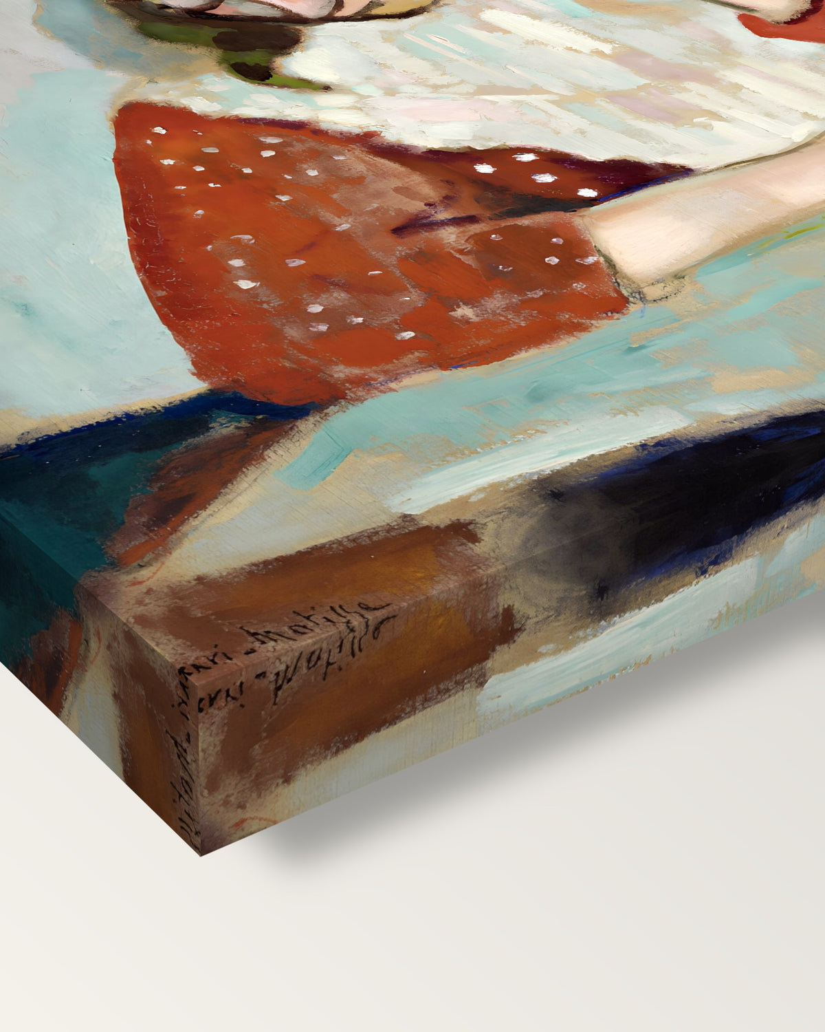 Marguerite Reading by Henri Matisse on stretched canvas, corner close-up: the painting mirror-wrapped round the sides