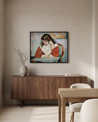 Marguerite Reading by Henri Matisse in a black frame above a walnut sideboard in a dining room