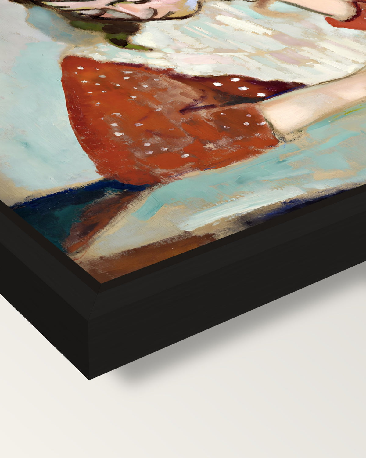 Marguerite Reading by Henri Matisse framed canvas, corner close-up: a black floating frame with a shadow gap round the canvas