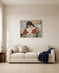 Marguerite Reading by Henri Matisse framed in natural oak above a cream sofa in a warm living room