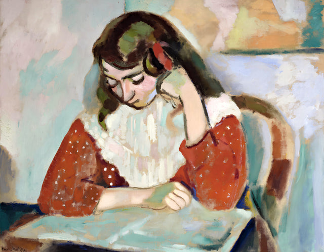 Marguerite Reading by Henri Matisse: a dark-haired girl in a red dotted dress bent over a book at a table