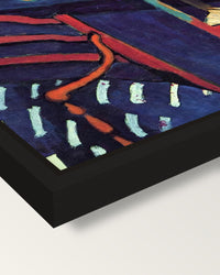 Nasturtiums with The Dance framed canvas, corner close-up: a black floating frame with a shadow gap round the canvas
