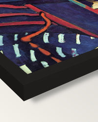 Nasturtiums with The Dance framed print, corner close-up: black moulding, mitred, the print set just below its edge