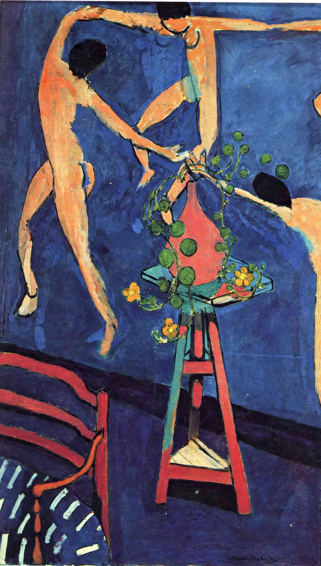 Nasturtiums with The Dance by Henri Matisse: a vase of nasturtiums on a stand before a painting of pink dancers on blue