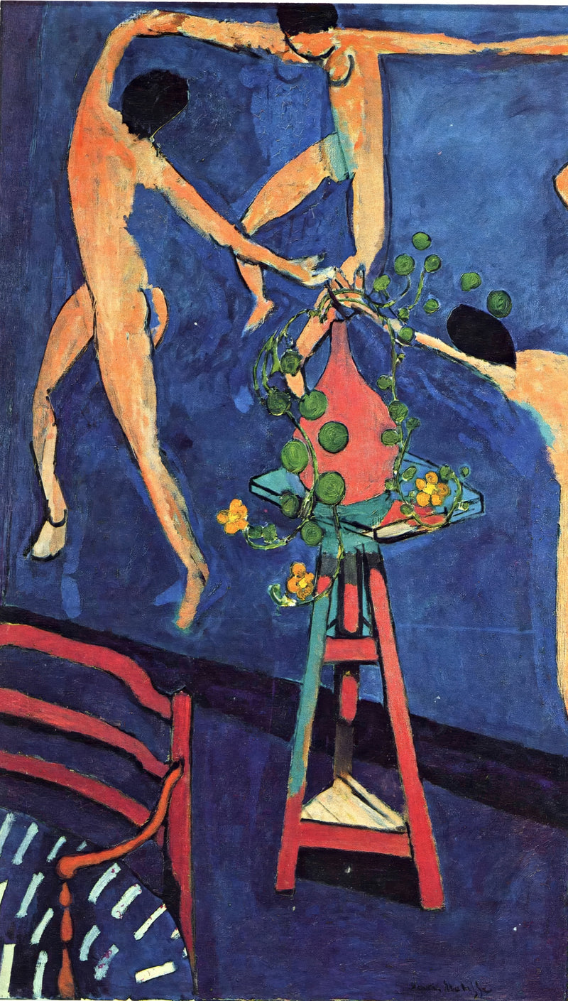 Nasturtiums with The Dance by Henri Matisse: a vase of nasturtiums on a stand before a painting of pink dancers on blue