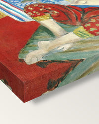 Odalisque, Red Culottes by Henri Matisse on stretched canvas, corner close-up: the painting mirror-wrapped round the sides