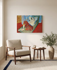 Odalisque, Red Culottes by Henri Matisse as a stretched canvas above a linen lounge chair in a reading corner