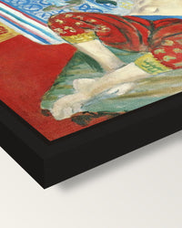 Odalisque, Red Culottes by Matisse framed canvas, corner close-up: a black floating frame with a shadow gap round the canvas