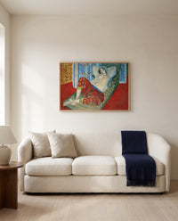 Odalisque, Red Culottes by Henri Matisse framed in natural oak above a cream sofa in a warm living room