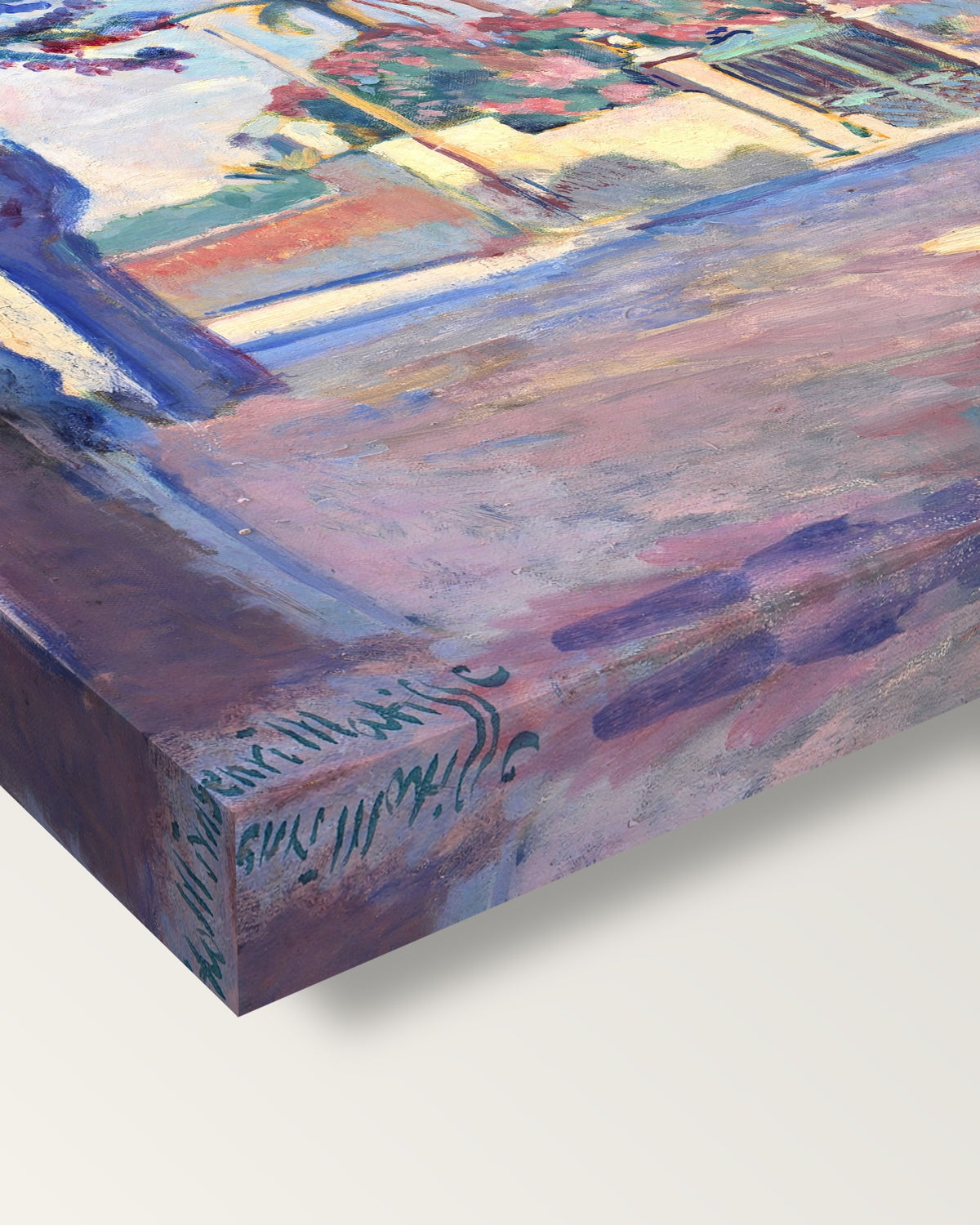 Place des Lices by Henri Matisse on stretched canvas, corner close-up: the painting mirror-wrapped round the sides