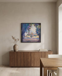 Place des Lices by Henri Matisse in a black frame above a walnut sideboard in a dining room