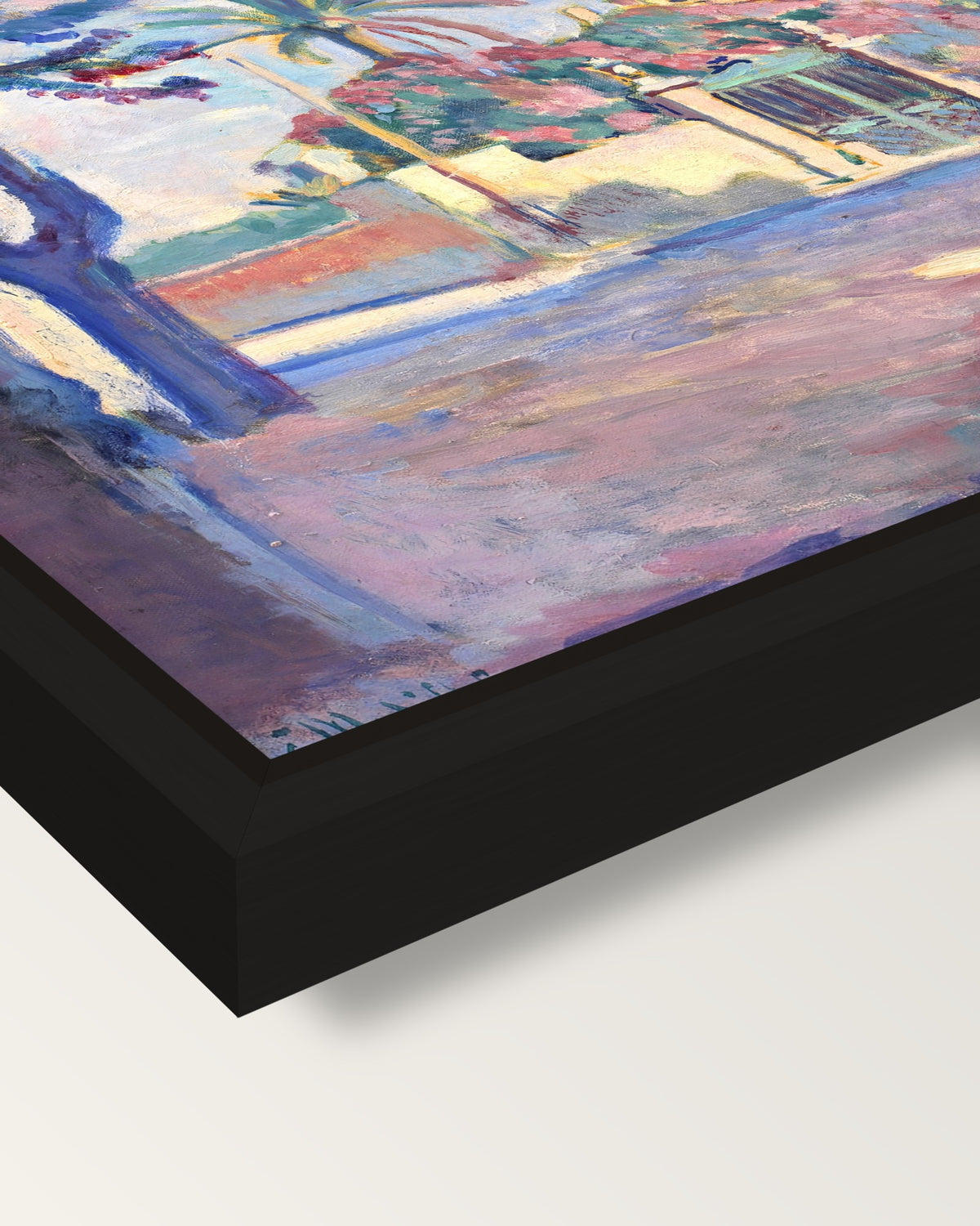Place des Lices by Henri Matisse framed canvas, corner close-up: a black floating frame with a shadow gap round the canvas