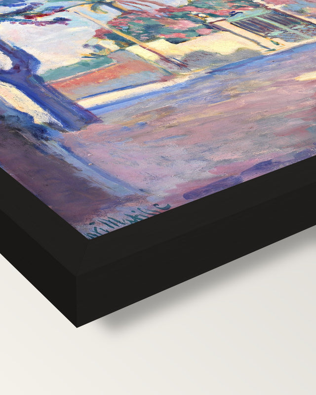 Place des Lices by Henri Matisse framed print, corner close-up: black moulding, mitred, the print set just below its edge