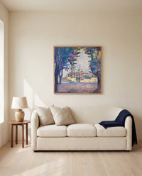 Place des Lices by Henri Matisse framed in natural oak above a cream sofa in a warm living room