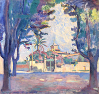 Place des Lices, Saint-Tropez by Henri Matisse: tall trees over a sunlit square in bright greens, pinks and blues