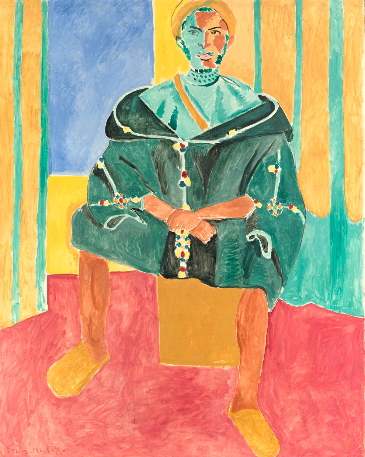 Seated Riffian by Henri Matisse: a man in a green hooded robe seated on a yellow bench, a pink floor and blue and gold walls