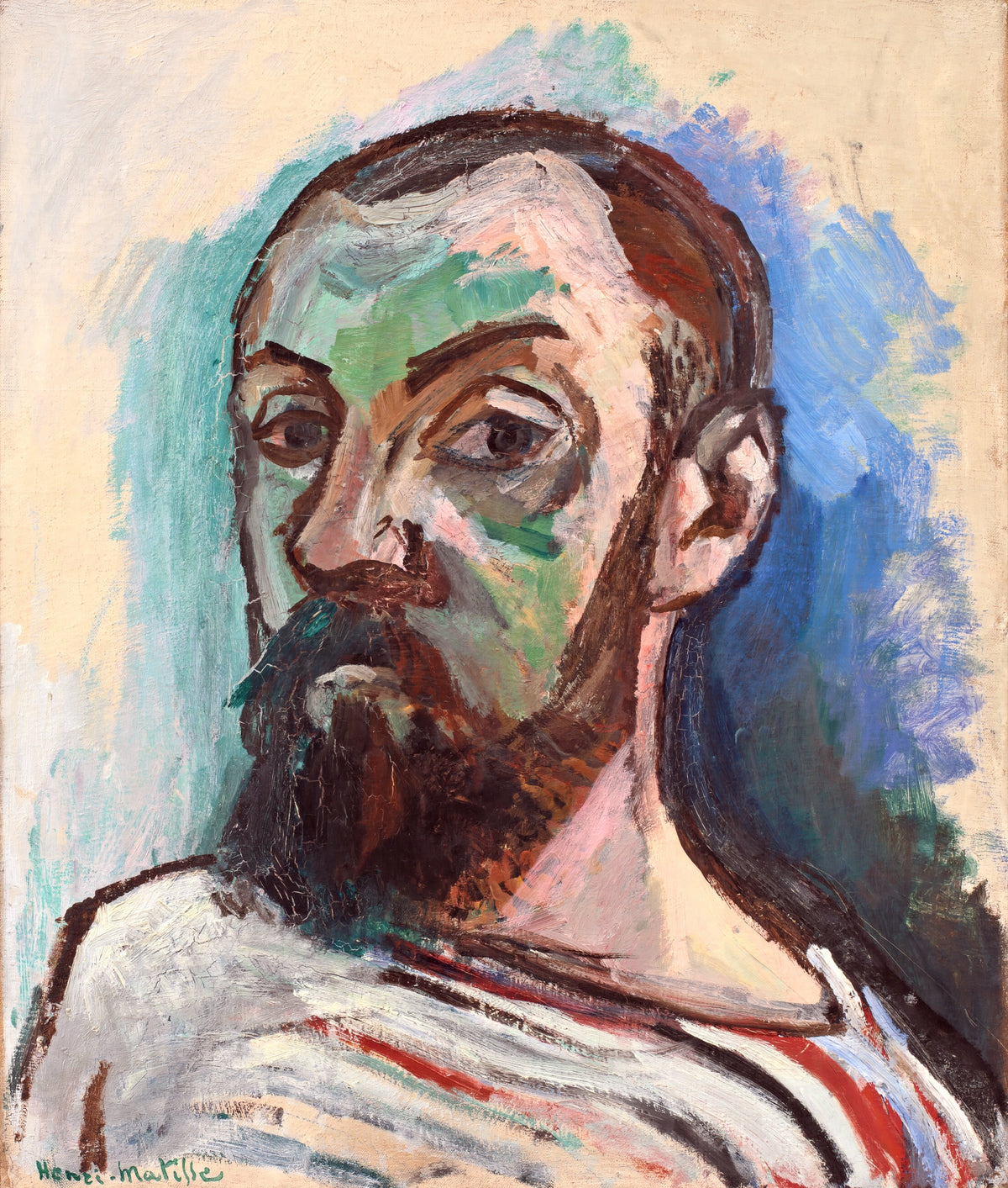 Self-Portrait by Henri Matisse, 1906: the bearded painter in a striped jersey, painted in bold strokes of colour