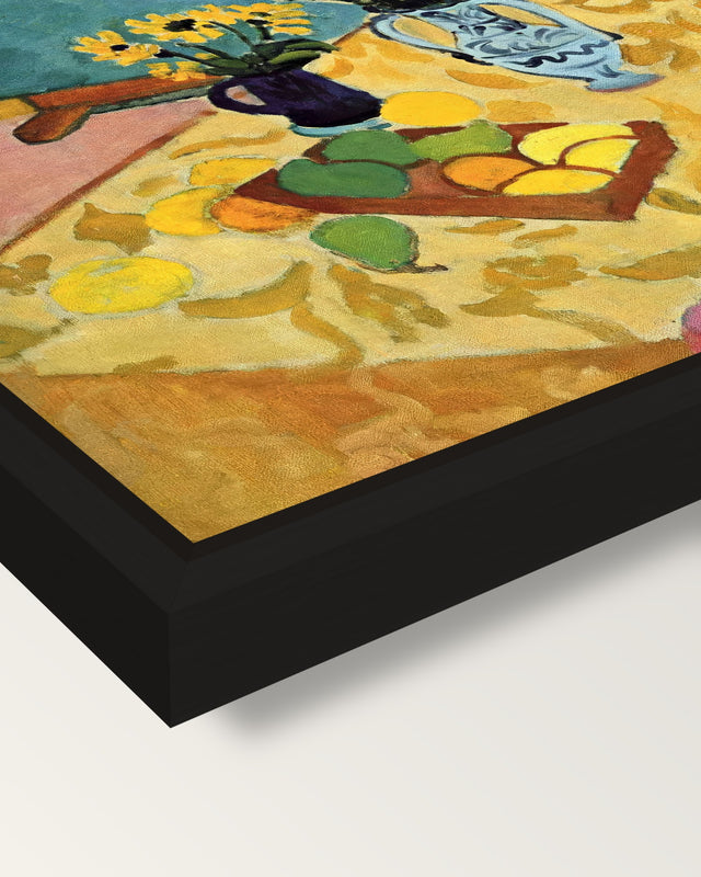 Still Life with Dance by Matisse framed canvas, corner close-up: a black floating frame with a shadow gap round the canvas
