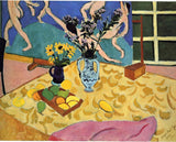 Still Life with Dance by Henri Matisse: vases of flowers and a tray of fruit on a yellow cloth, a painting of dancers behind