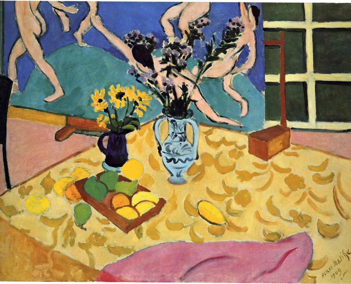 Still Life with Dance by Henri Matisse: vases of flowers and a tray of fruit on a yellow cloth, a painting of dancers behind