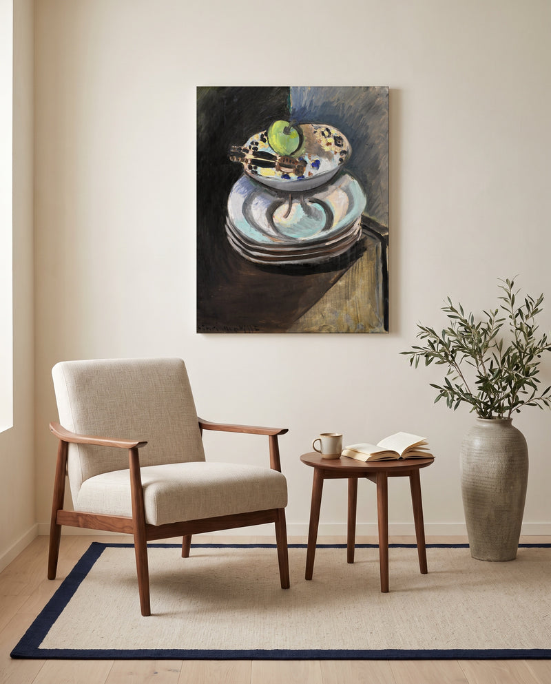 Fruit Bowl and Nutcracker by Henri Matisse as a stretched canvas above a linen lounge chair in a reading corner