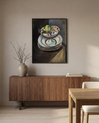 Fruit Bowl and Nutcracker by Henri Matisse in a black frame above a walnut sideboard in a dining room