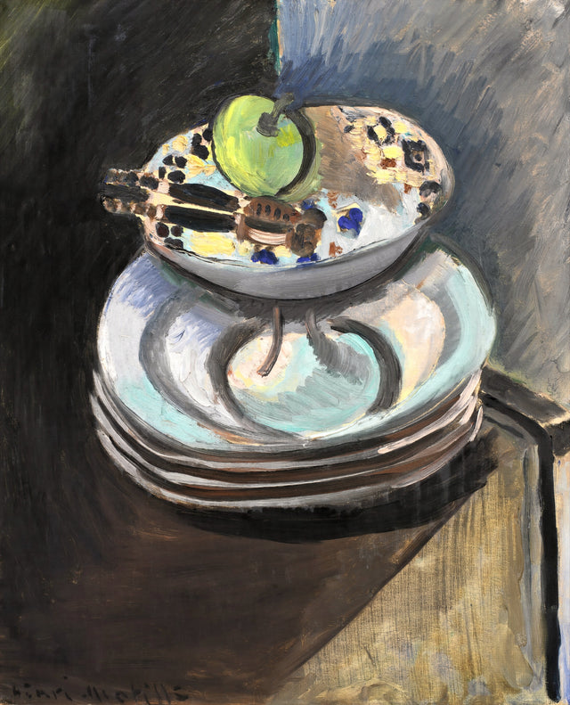 Fruit Bowl and Nutcracker by Henri Matisse: a fruit bowl, plates and a nutcracker on a table, in flat colour and black