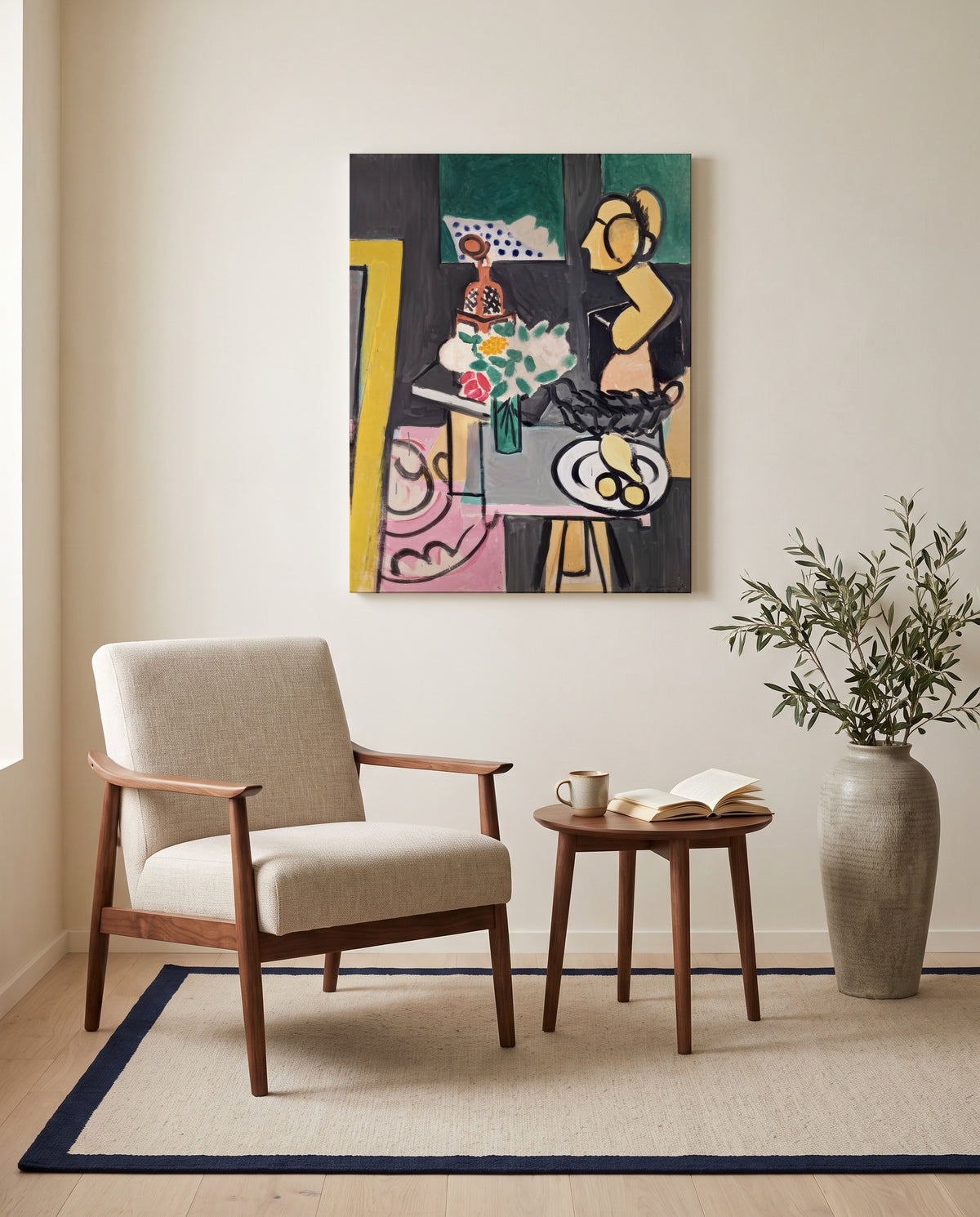 Still Life with Gourds by Henri Matisse as a stretched canvas above a linen lounge chair in a reading corner