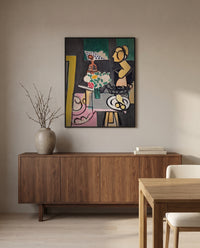Still Life with Gourds by Henri Matisse in a black frame above a walnut sideboard in a dining room