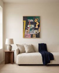Still Life with Gourds by Henri Matisse framed in natural oak above a cream sofa in a warm living room