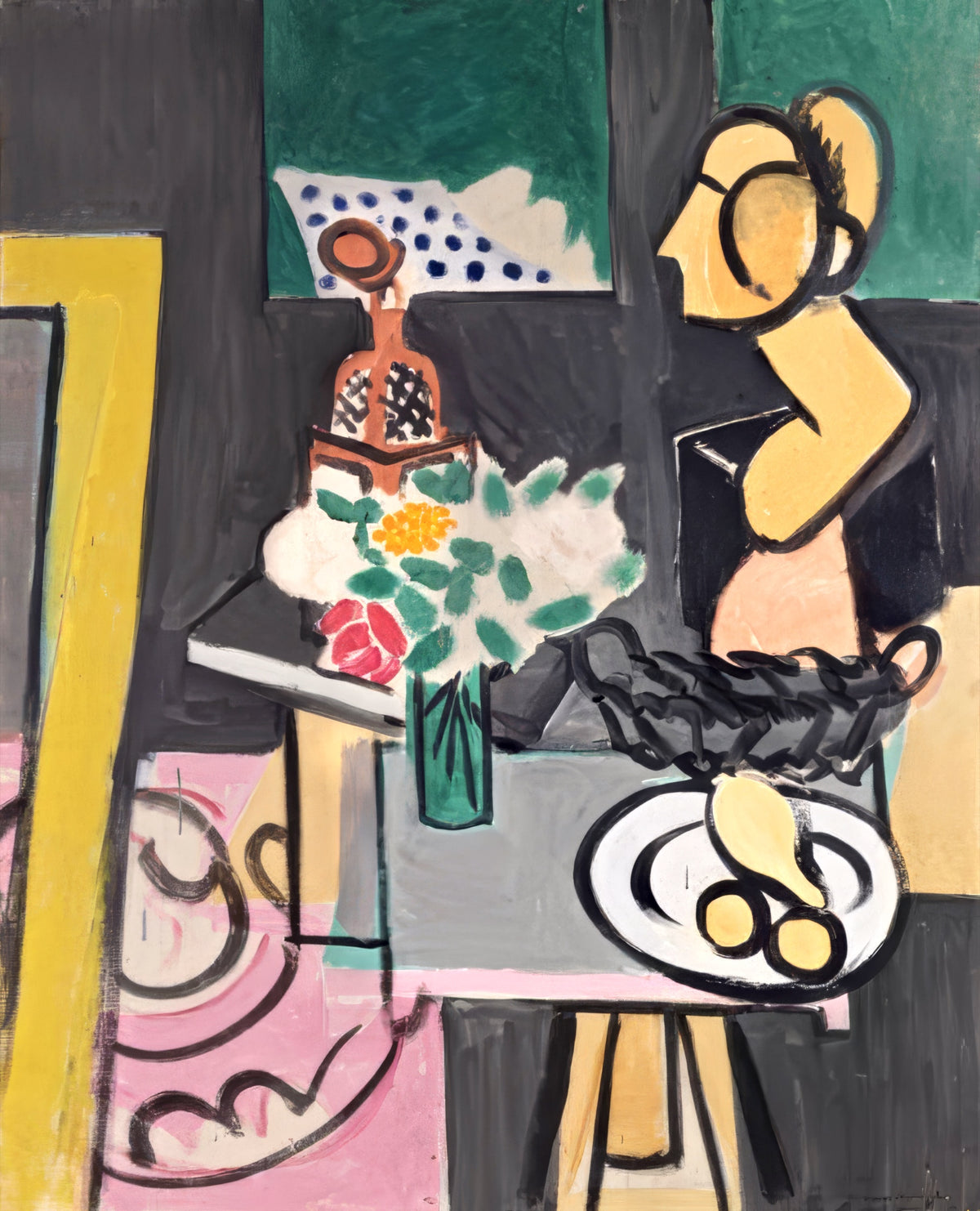 Still Life with Gourds by Henri Matisse: a clay head, a bouquet, a plate on a stand and a gold frame in grey and black planes