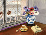 Still Life with Pascal’s Pensées by Henri Matisse: anemones in a blue-and-white vase, a book and a cup by a lace window