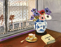 Still Life with Pascal’s Pensées by Henri Matisse: anemones in a blue-and-white vase, a book and a cup by a lace window