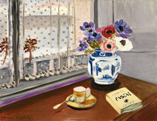 Still Life with Pascal’s Pensées by Henri Matisse: anemones in a blue-and-white vase, a book and a cup by a lace window