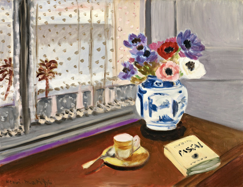 Still Life with Pascal’s Pensées by Henri Matisse: anemones in a blue-and-white vase, a book and a cup by a lace window