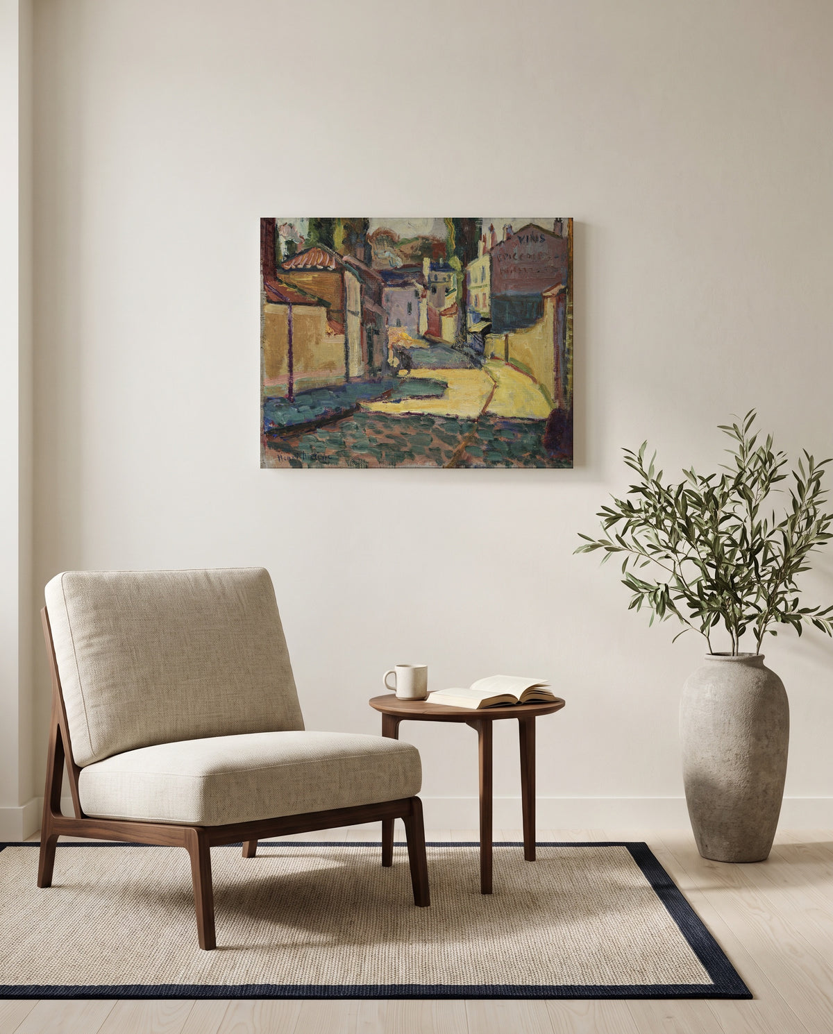 Street in Arcueil by Henri Matisse as a stretched canvas above a linen lounge chair in a reading corner