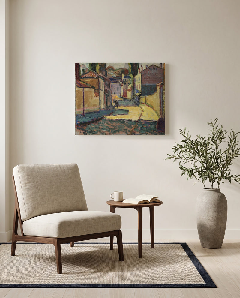 Street in Arcueil by Henri Matisse as a stretched canvas above a linen lounge chair in a reading corner